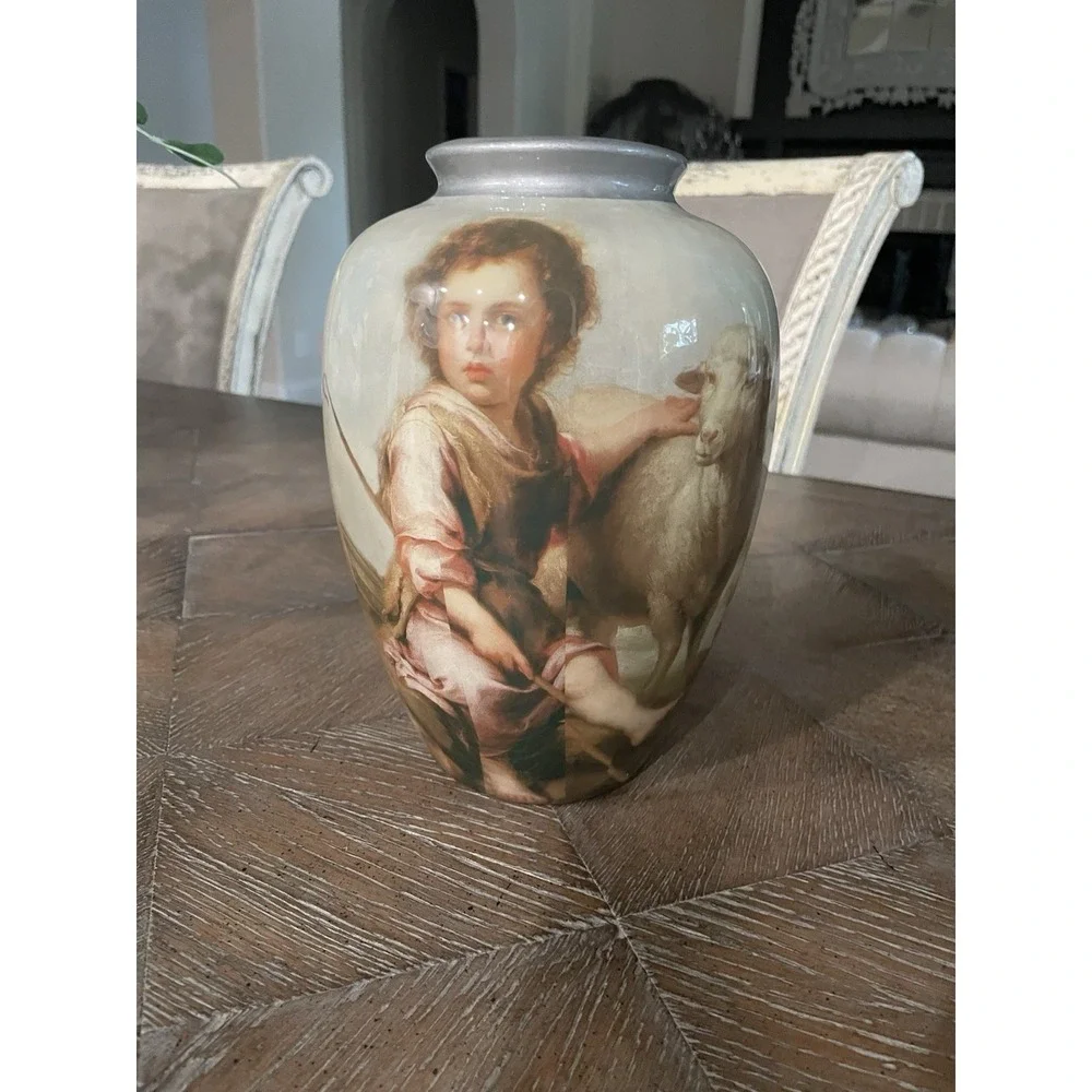 Vintage Decopauge French Style Shepherd Boy & Sheep Urn Vase 8.5